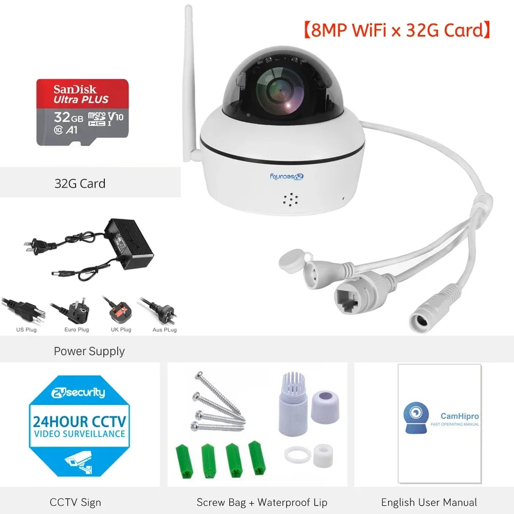 4K 8MP PoE Dome Security Camera Outdoor Human/Vehicle Detect Auto Tracking PTZ Indoor 2-way Audio Wireless IP Cameras Camhipro