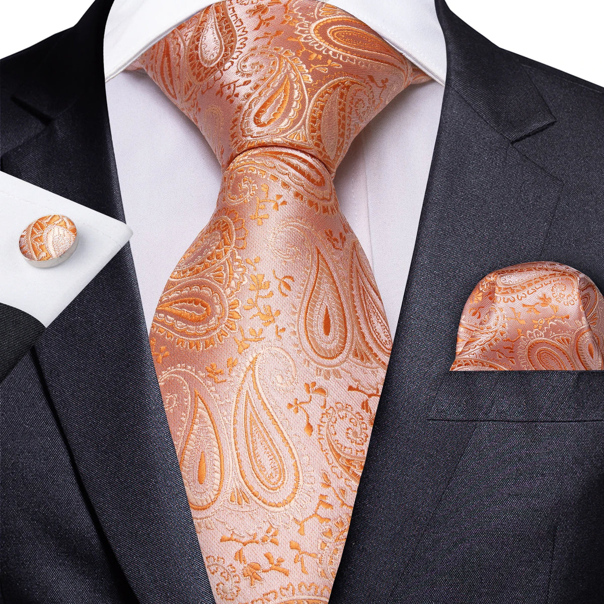 8cm Men's Polyester Ties Pocket Square Cufflinks Green Gold Paisley Wedding Party Accessories Necktie Gift