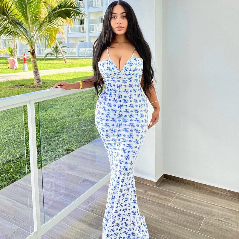 Hugcitar Floral Print Sleeveless Backless Slips Lace Up Maxi Dress Sexy Bodycon Summer Elegant Outfits Holiday Party Wholesale