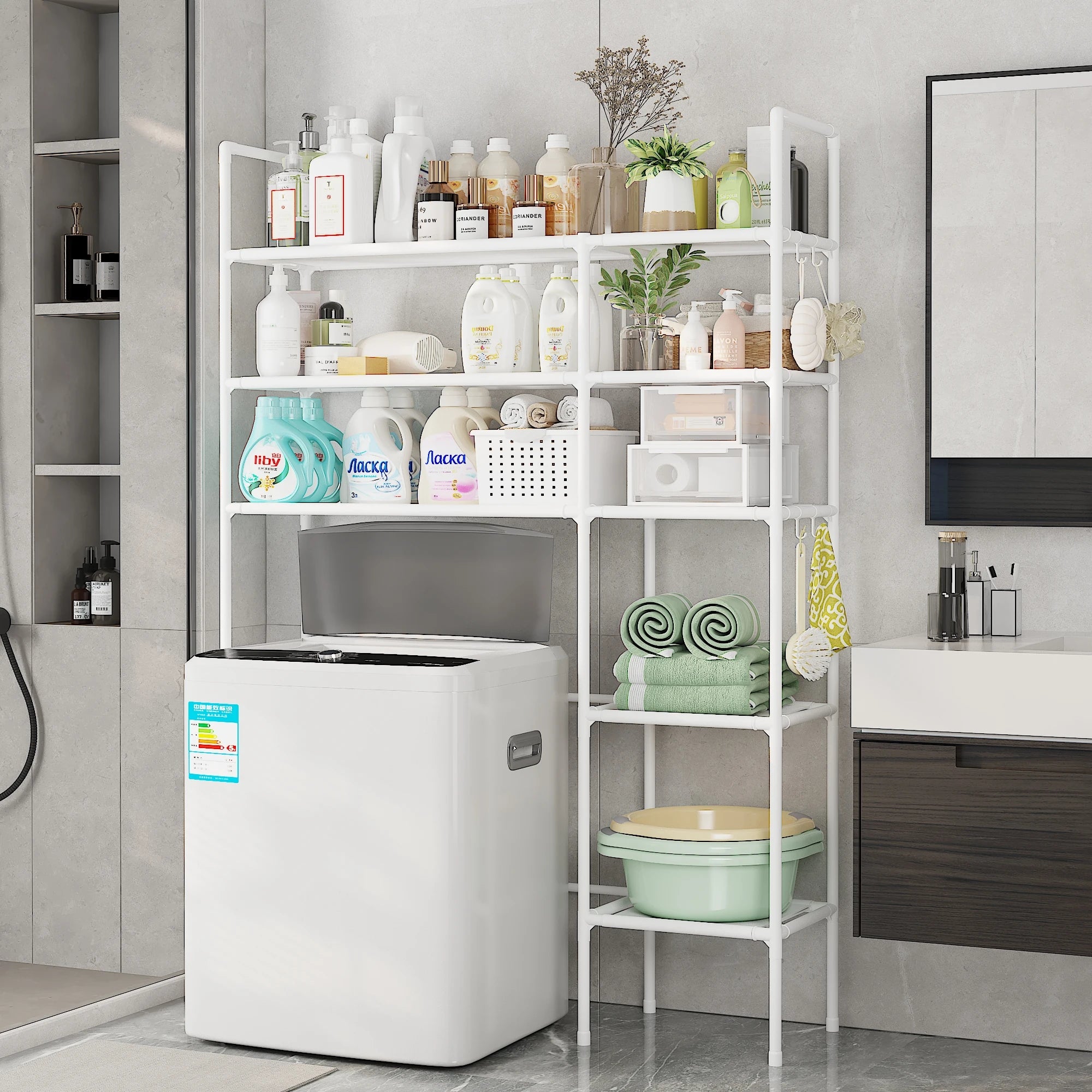 Black/White Iron + Non-Woven Fabric Heavy-Duty 3-Layer Laundry Storage Rack Vertical Multi-Layer Storage Washing Machine Dryer Can Be Placed in Bathroom Laundry Room Storage Space-Saving