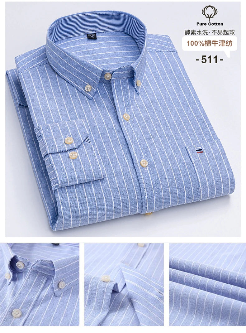 S-6XL Oxford Shirts for Men Long Sleeve Pure Cotton Solid Stripe Leisure Embroidered Horse Streetwear Business Plain Office 6XL