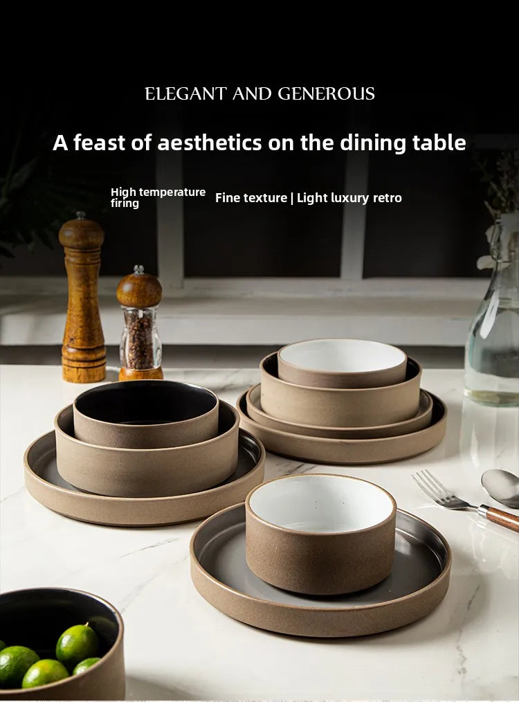 Retro Japanese Style Ceramic Bowl Set for Home Use round Shape Dinnerware Tray Dumpling Soup Noodle Bowl Matte Finish Utensils