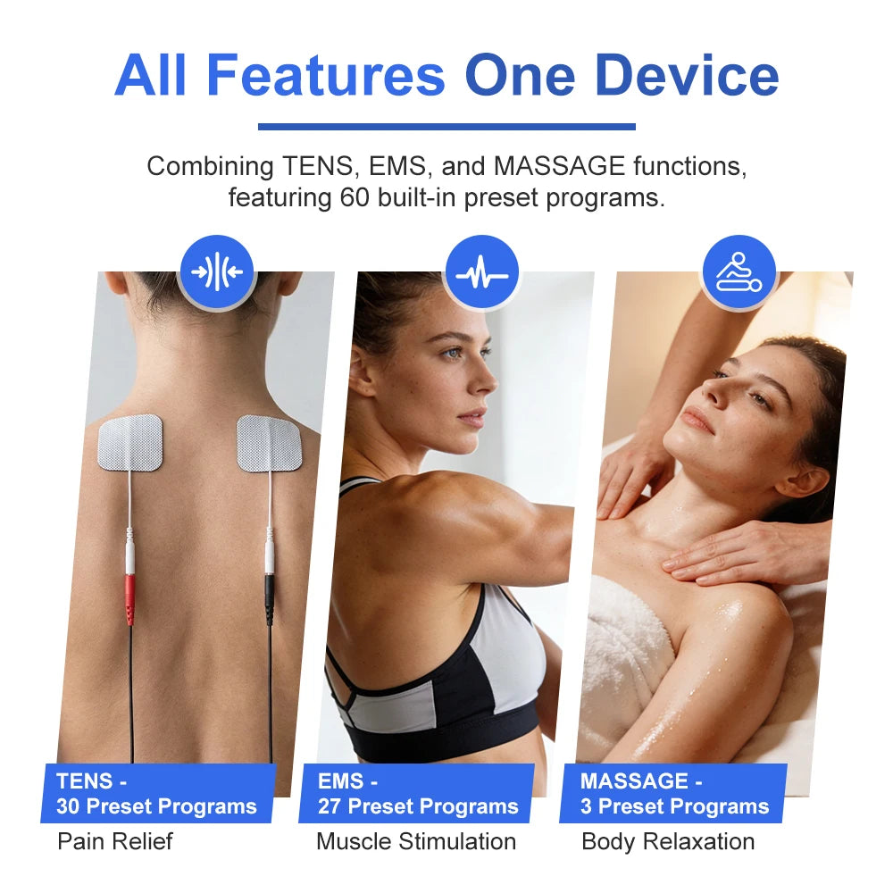 3-in-1 EMS & TENS Unit Machine Professional Muscle Stimulator Electronic Acupuncture Massager for Neck, Back, Legs, Feet & Body