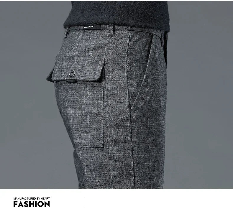 Business Men Pants Spring Autumn Korea Cotton Comfortable Elastic Plaid Casual Fashion Trousers Male Clothing Suit Pant
