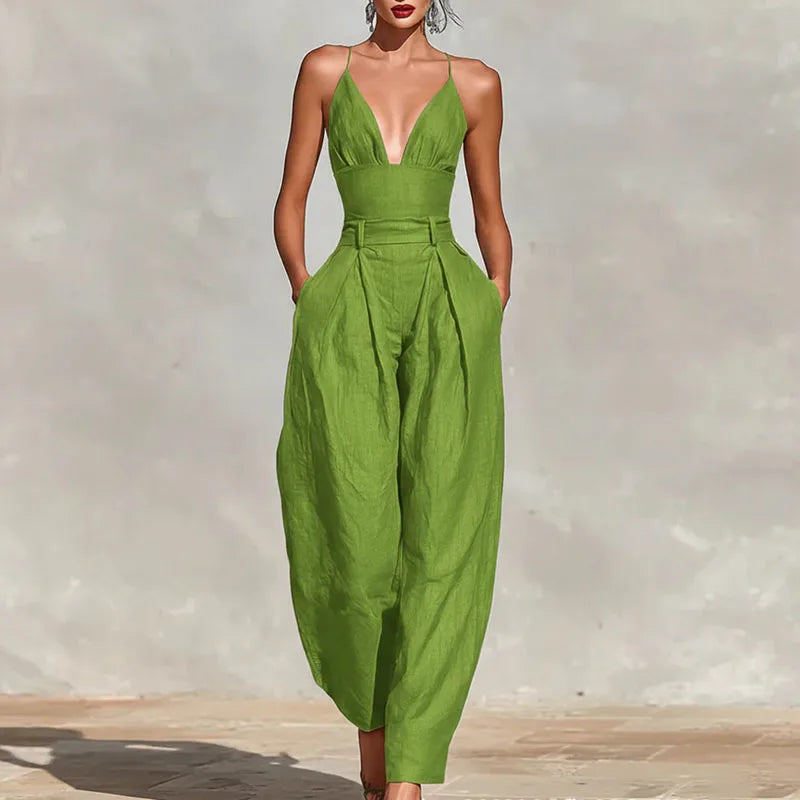 Elegant Sexy V-Neck Spaghetti Strap Jumpsuit Women High Waist Wide Leg Casual Romper Spring Boho Solid Backless Pockets Overalls