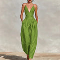 Elegant Sexy V-Neck Spaghetti Strap Jumpsuit Women High Waist Wide Leg Casual Romper Spring Boho Solid Backless Pockets Overalls