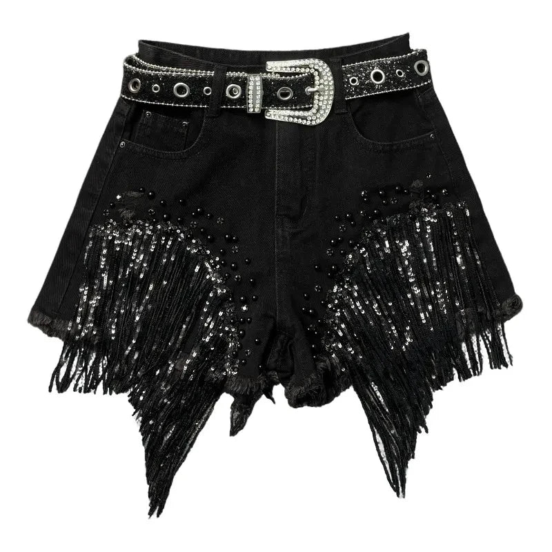 2026 Summer New Personalized Denim Shorts Women's High Waist Diamond Inlaid Heavy Industry sequins Tassel Denim Hot Pants Trendy