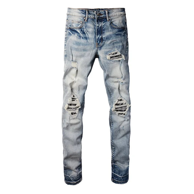 Men Paisley Bandana Print Patch Jeans Streetwear High Stretch Denim Pants Holes Ripped Patchwork Skinny Tapered Trousers