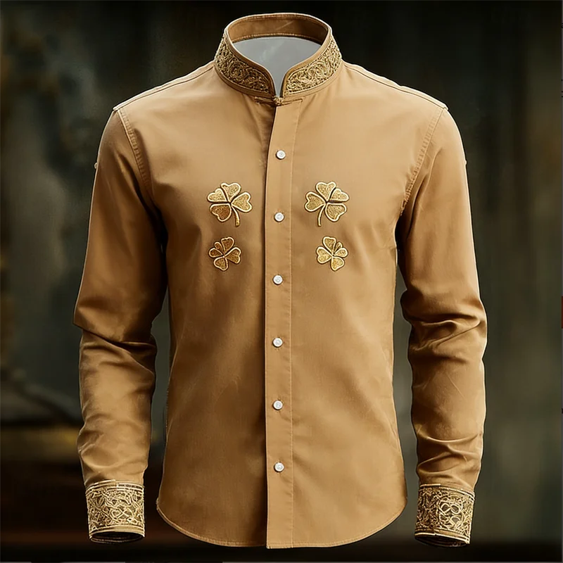 New Men's Floral Long Sleeved Shirt with Gold 3D Clover Print, Fashionable and Luxurious Long Sleeved Shirt Top