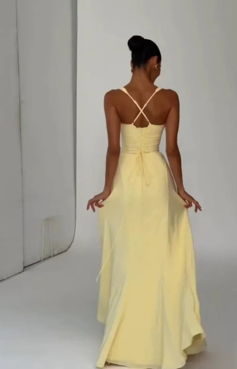 Women Yellow Low Cut Backless High Waisted Dress Lace Up Sleeveless Waist Cincher Spaghetti Strap Vestidos Party Club Women Robe