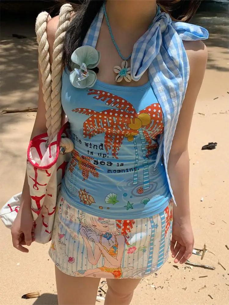 Erwofeina Hotsweet Blue Patchwork Plaid Halter Tops 2000s Clothes Y2k Sleeveless Camis Summer Tank Tops Beach Camisole Chic