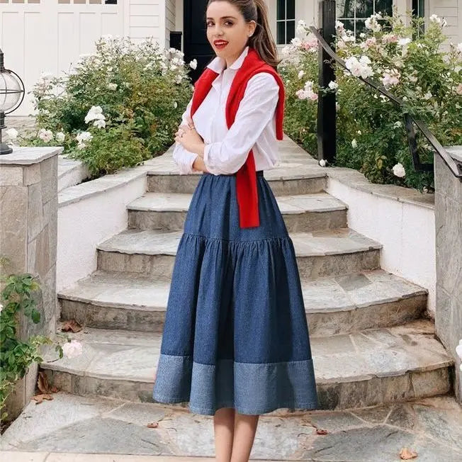 Blue Denim Skirt Womens High Waist Tiered Long Skirts Denim Elastic Casual Dress Elastic Waist A Line Jeans Skirt Girls Clothes