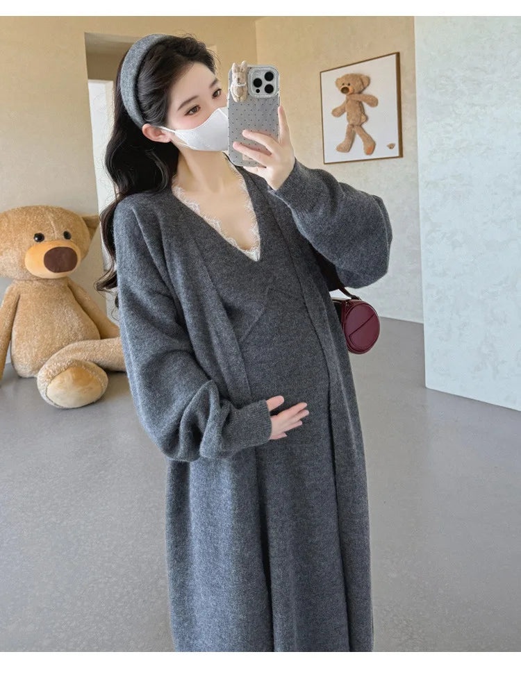 Maternity Suit  Autumn High-End Lazy Style Versatile Long Coat And Lace Paneled V Neck Straight Tank Dress Two Piece Set