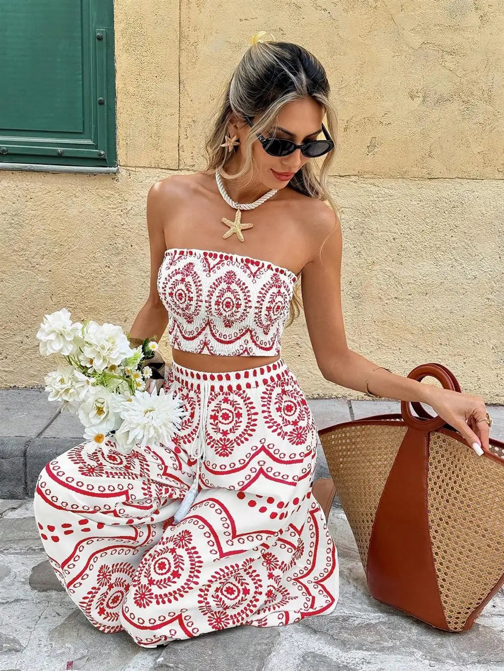 Bohemian Print Crop Top And Wide Leg Pants Two Piece Set for Women Summer Fashion Outfit Spicy Girl Casual Wear