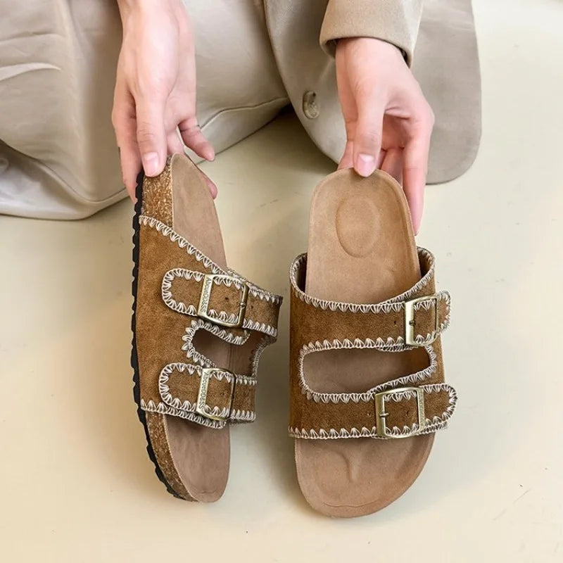 Women's Flat Slide Sandals Open Toe Suede Look Double Buckle Strap Slip on Whipstitch Detail Casual Summer Daily Walking Shoes