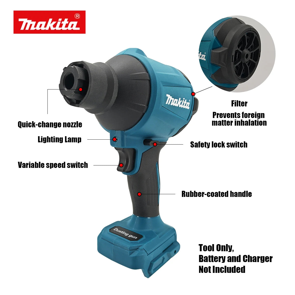 Makita DAS180 Cordless Air Blower 18V Multifunction Dusting Machine with Nozzle Air Dust Removal Gun Inflator Tool