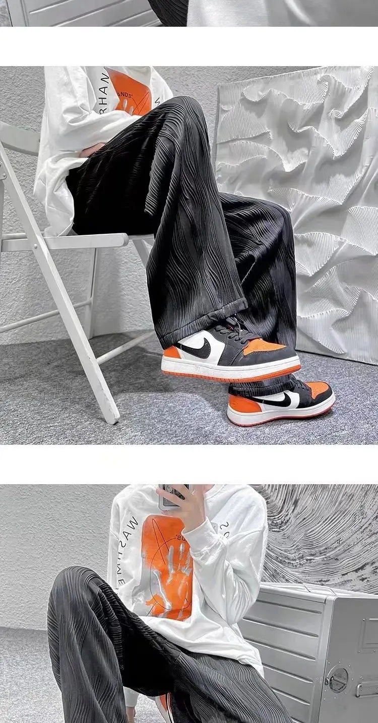 Summer Korean Fashion Simple Ice Silk Wide Leg Pants Men Solid Elastic Waist Pockets Thin High Street Loose Straight Trousers