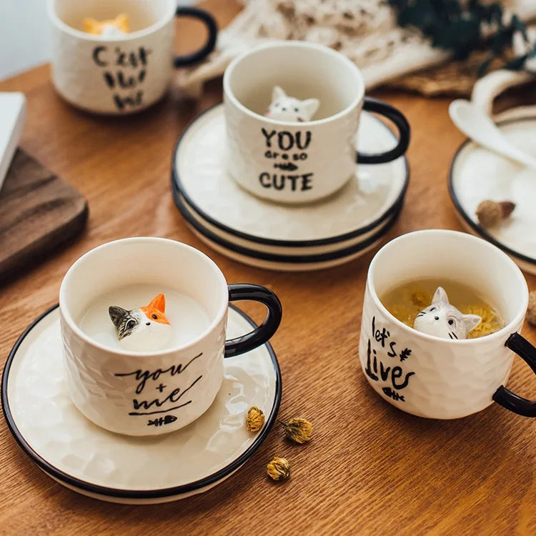 Modern Cartoon Cute Cat Ceramic Coffee Cup with Saucer Cute Cat Animal Porcelain Mug for Kids Birthday Gift Breakfast Milk Mug