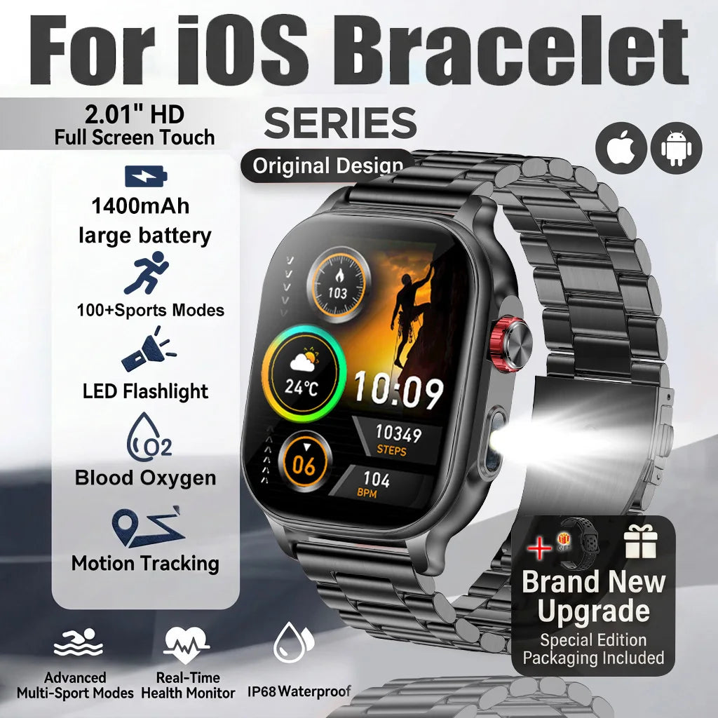 New1400mAh Military Grade Smart Watch 600 hours Battery Life 5ATM Waterproof BT Call Alert LED Flashlight 100+Sports Watches Men