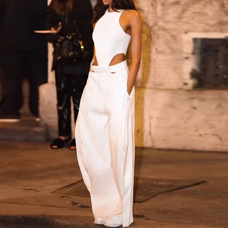Chic Design Style Hollow Out White Jumpsuits Sexy Slim High Waisted Wide Leg Playsuits Elegant O Collar Sleeveless Pocket Romper