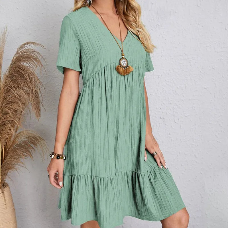 2023 Faion Women's Casual Dr Skirt Lady's Clothing Polyester Fiber A-Line Skirt ort Sve V-Ne Loose Waist Summer D...
