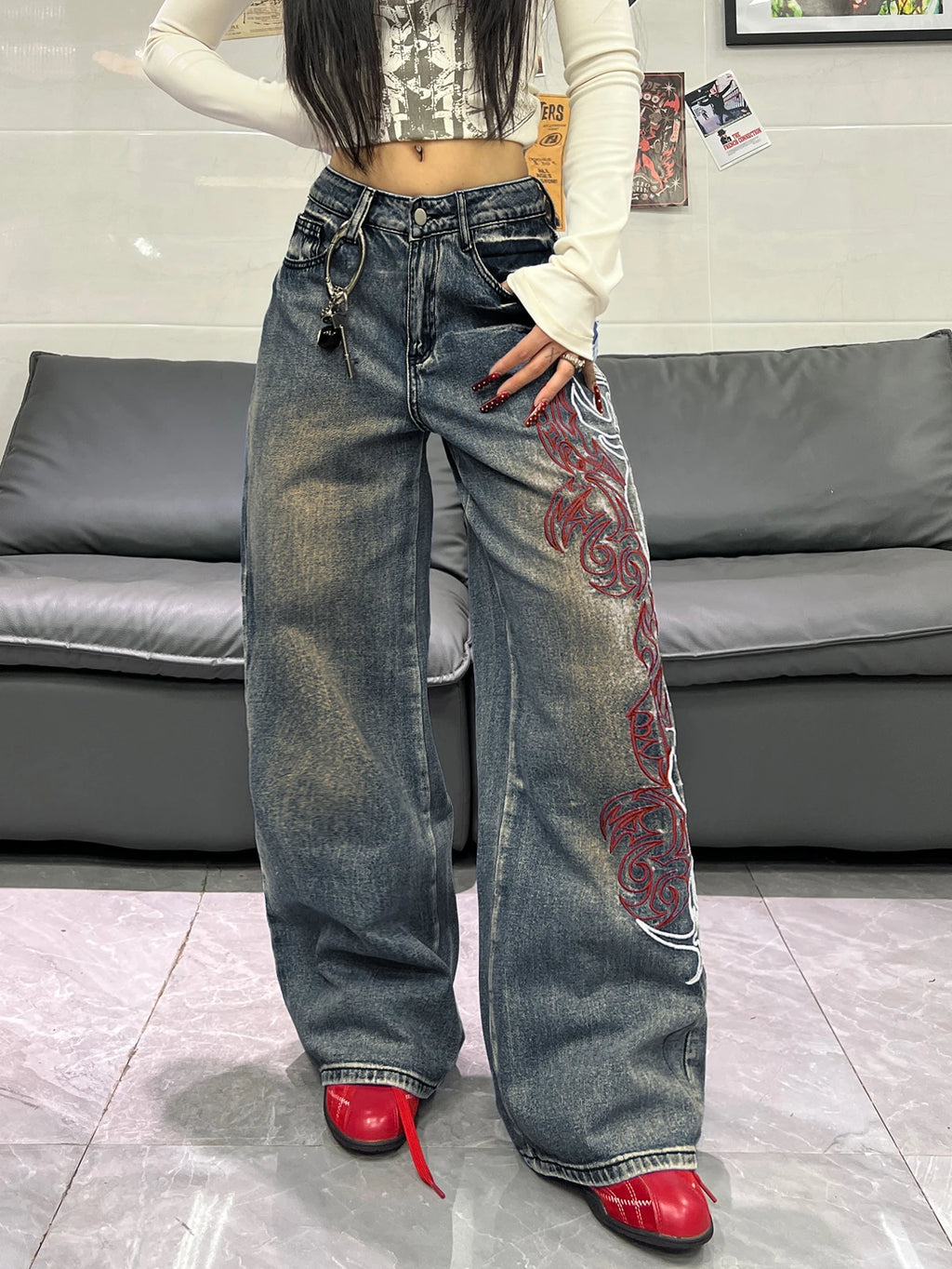 Women Spring Autumn Mid Waist Wide Leg Y2K Streetwear Jeans Side Totem Embroidery Washed Denim Daily Street Pants