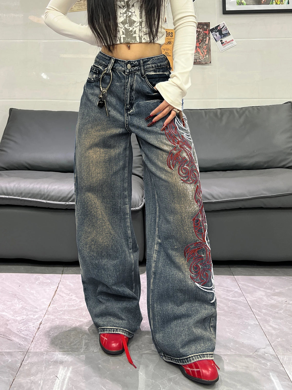 Women Spring Autumn Mid Waist Wide Leg Y2K Streetwear Jeans Side Totem Embroidery Washed Denim Daily Street Pants