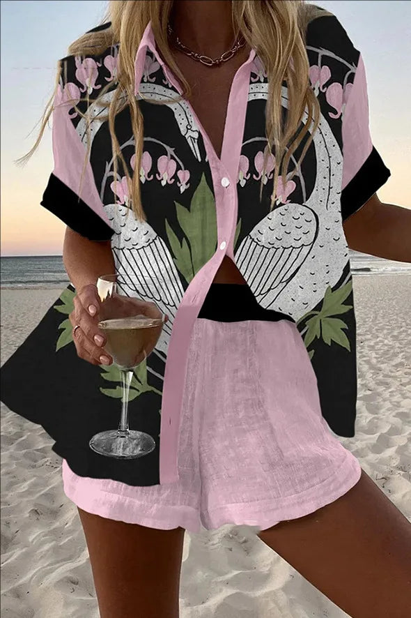 Fashion Lapel Short-sleeved Single-breasted Shirt Top + Shorts 2-piece Set Women Elegant Summer Print Loose Casual Suit Female