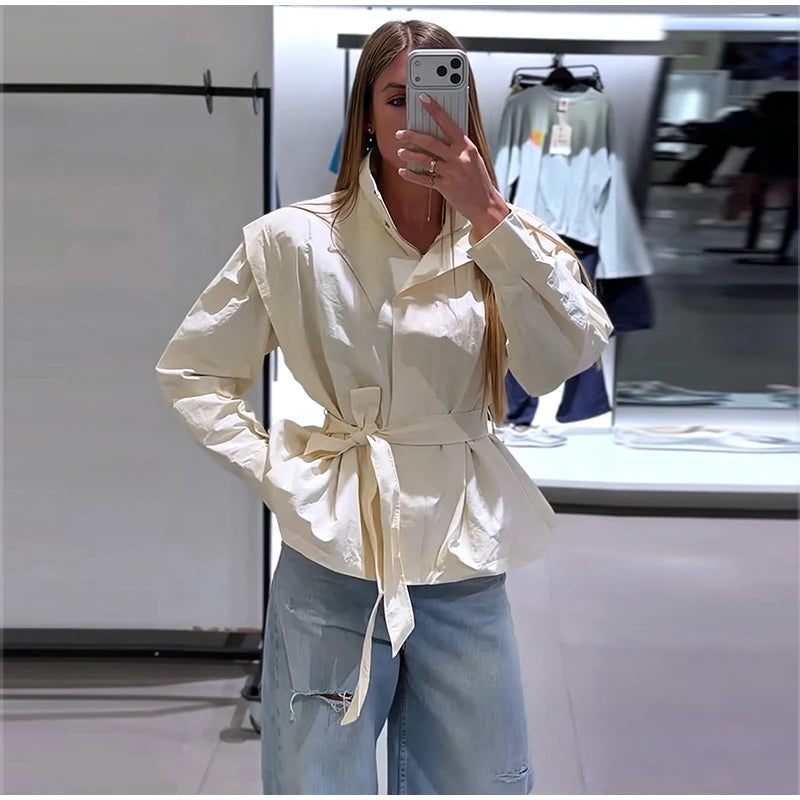Lapel Women's Outerwear Waist Cinching Belted Jacket Drop Shoulder Cropped Cargo Trench Coat Meilaid Style Daily Fashion Wear
