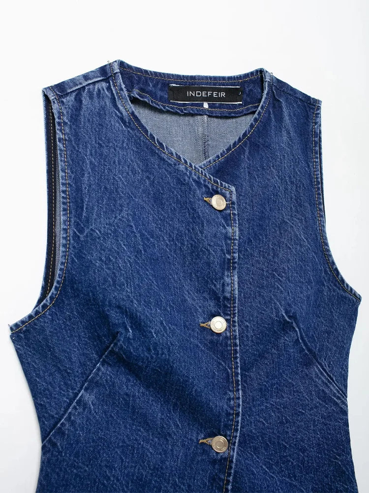 HH 2025 Summer Women Fashion Denim Trousers Set Solid Cropped Vest Top + Chain Lace Up Versatile Female Wide Leg Long Pant