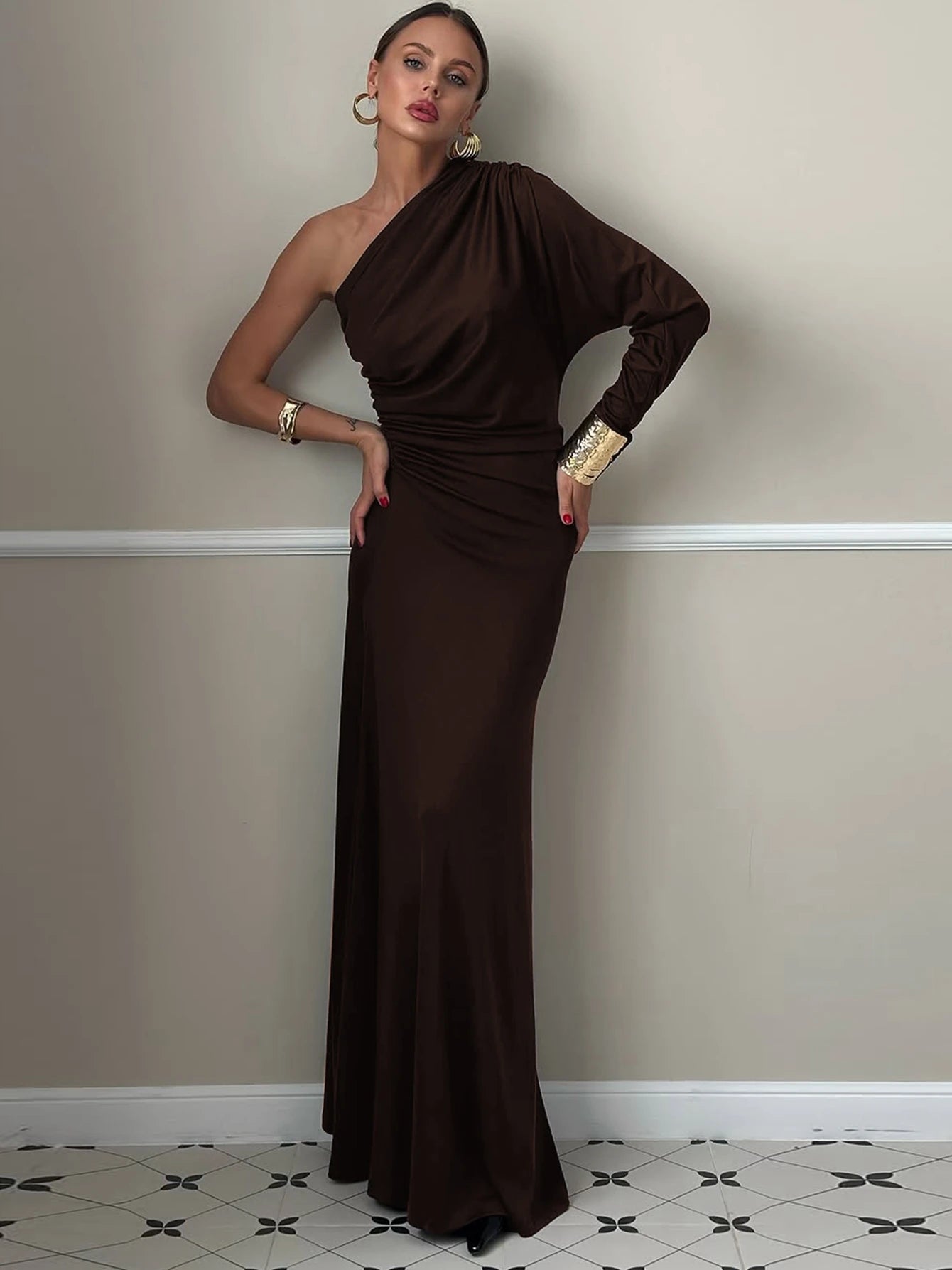 Dulzura One-Shoulder Long Sleeve Slim Fit Ruched Long Dress Women'S Solid Sexy Elegant Clothes Evening Party Club Autumn Clothes