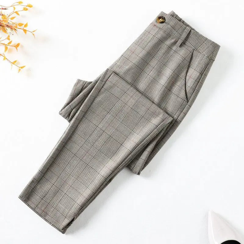 Office Lady Slim Woman Clothing Plaid Suits Pants Spring Autumn New Korean Fashion Vintage High Waist Straight Casual Trousers