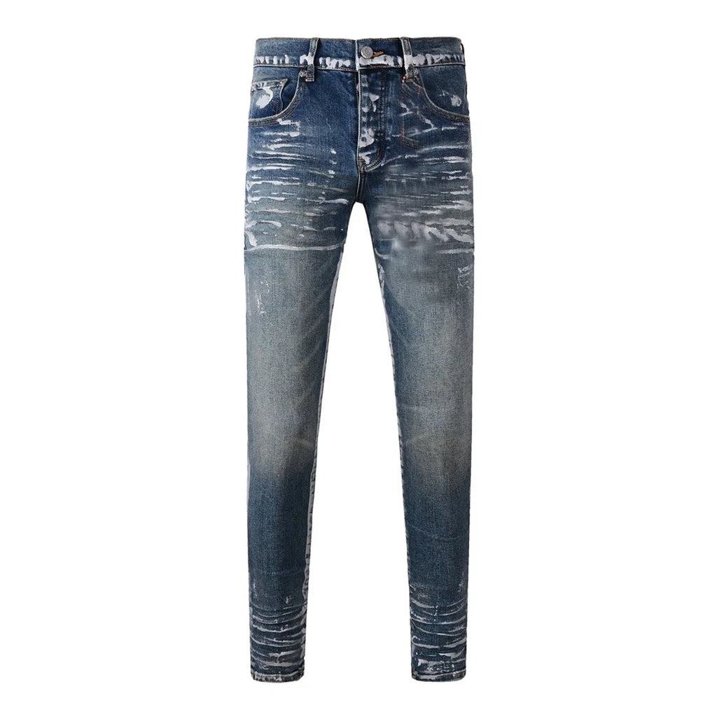 High Street American Distressed Men's Jeans Fashion Brand Coated Blank Stretch Skinny Button Fly Ripped Pants Trousers