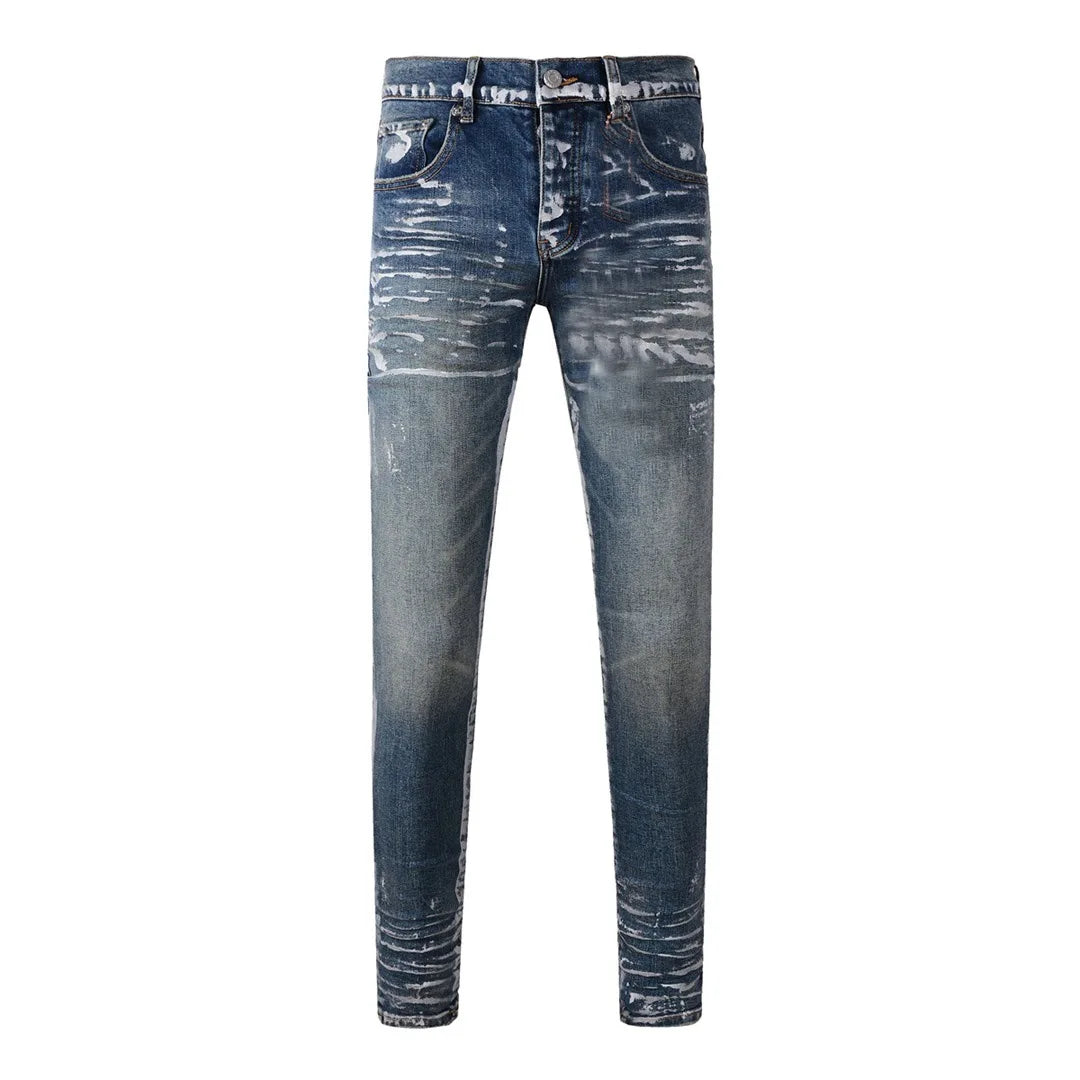 High Street American Distressed Men's Jeans Fashion Brand Coated Blank Stretch Skinny Button Fly Ripped Pants Trousers