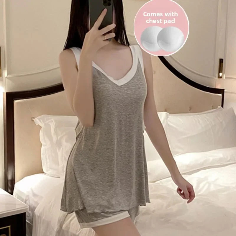 Women Sleeveless Summer Casual 2/pce Set Girls Spaghetti Strap Vest Shorts Outfit Lady Color Blocked Bra Pad Fashion Loungewear