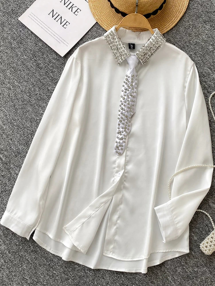 Luxury Rhinestone Turn down collar shirt for women 2025 New Shiny Satin Tie blouse Loose Black White Elegant Tops INKEO 5T031