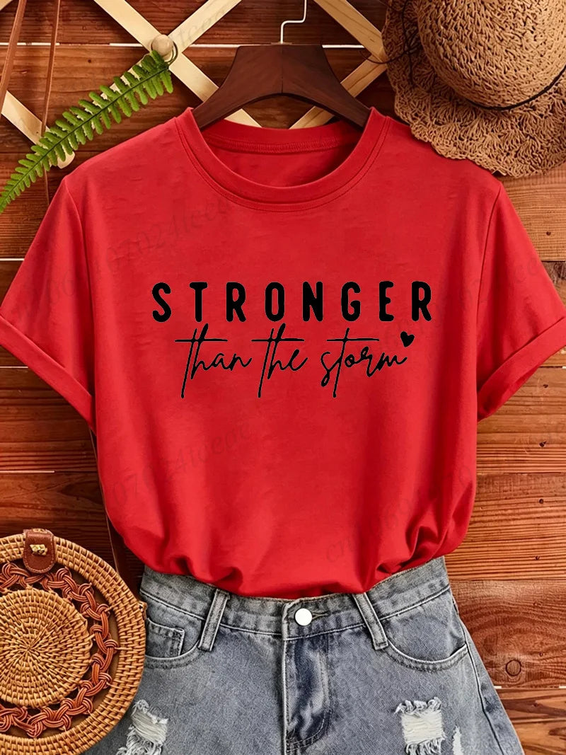 Women T‑Shirt Stronger Than The Storm Letter Print Short Sleeve O‑Neck Casual Loose Inspirational Motivational Graphic Tops Tees