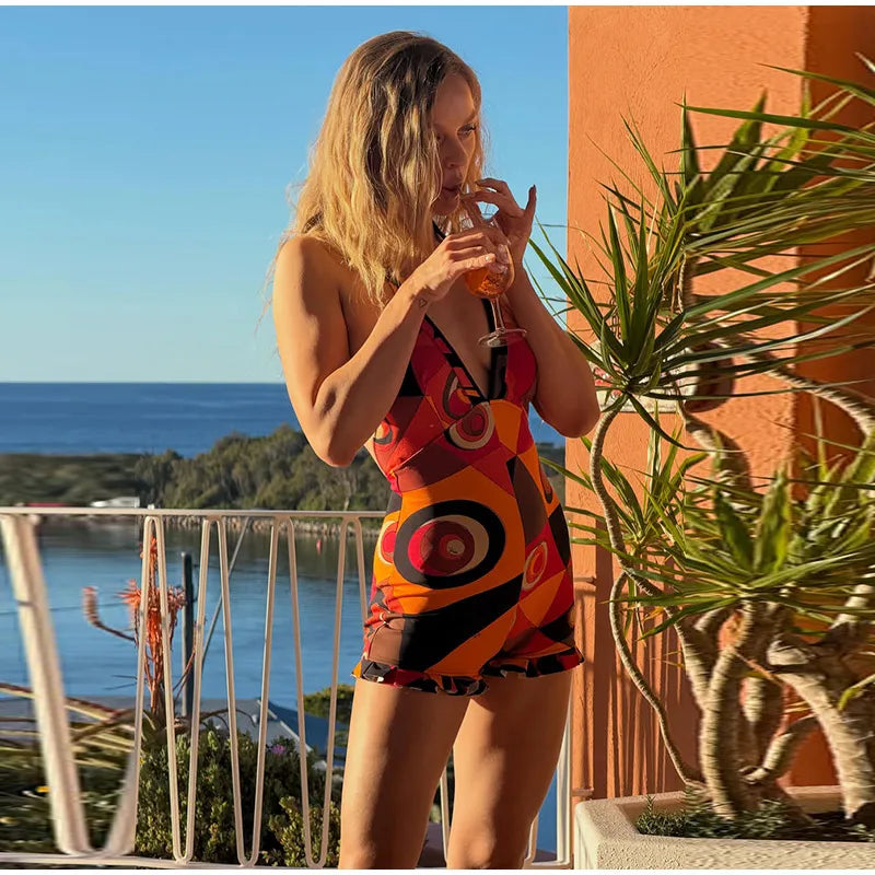 Abstract Print Halter Neck Deep V Sleeveless Short Jumpsuit Self Tie Back 2026 Spring Summer Beach Party Lady Women Outfit