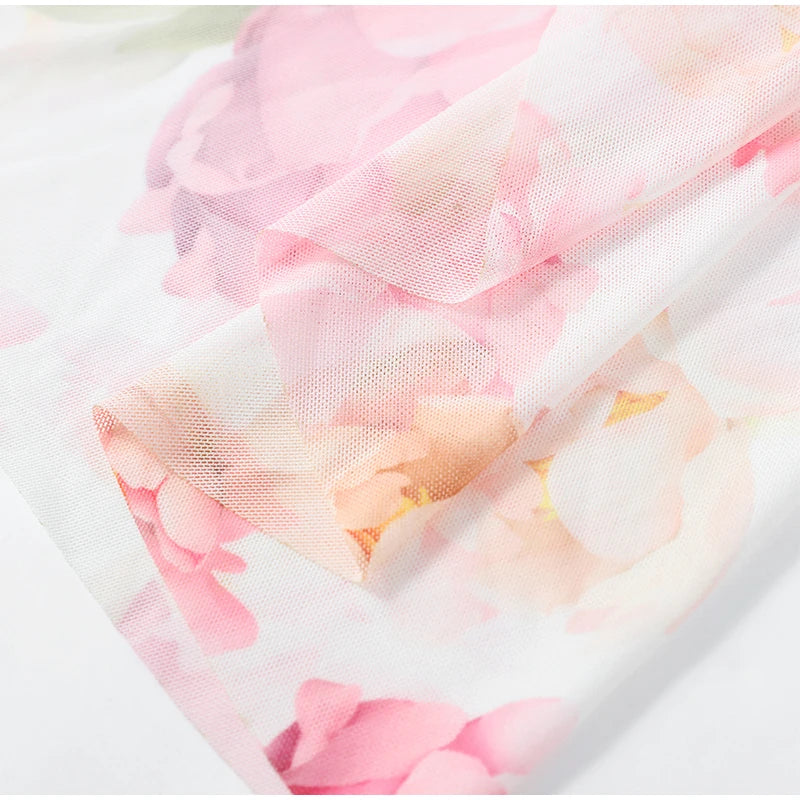 Women Pink Floral Print Maxi Dress Elegant V Neck Ruffle Trim Flare Sleeve Ruched High Chiffon Dresses 2026 Lady Party Vestido