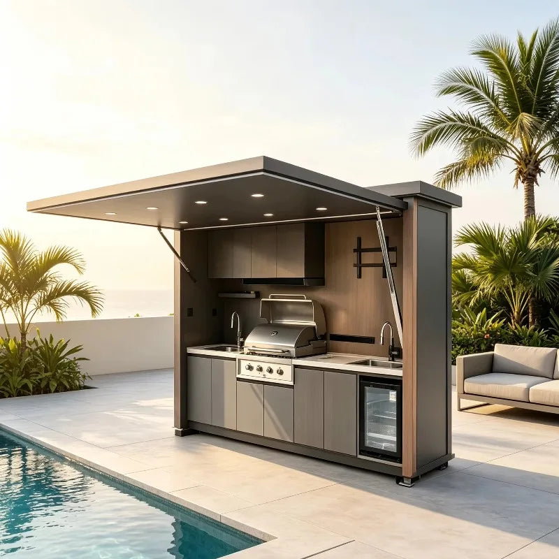 Luxury Outdoor Kitchen Island Set with Built-in Gas BBQ Grill, Pizza Oven & Storage Drawers Prefabricated Patio Cooking Station