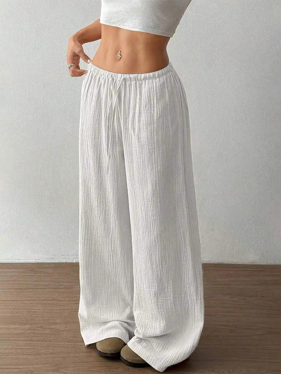 Women's Elegant Versatile Elastic Waist Comfortable Casual Pant Slightly Elastic Simple Solid Color High Waist Wide-leg Pants