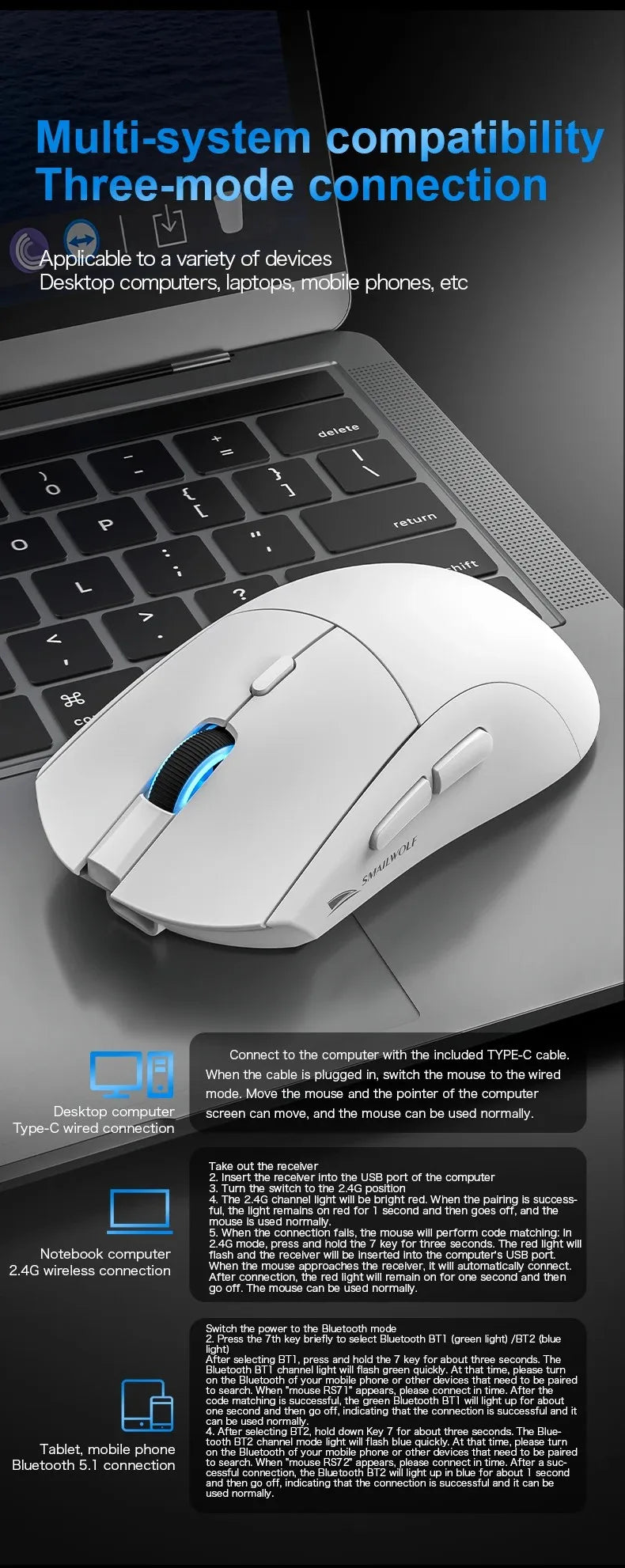 SmailWolf RS7 Tri-Mode Wireless Gaming Mouse Original PAW3311 BT5.1 2.4G Type-C Wired 6 Keys 125-1000Hz Polling Rate 89±3g