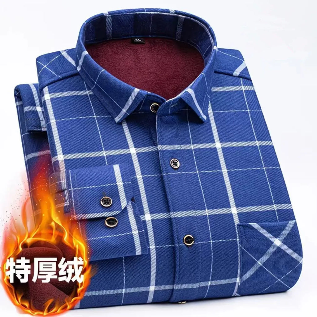 2025 Autumn Winter Men's Fashion Plaid Striped Print Shirts Double-sided Fleece Long Sleeve Thick Warm Shirts Soft Big Size 7XL