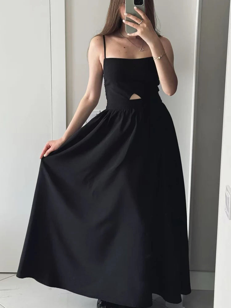 FSMG Fashion Black Breathable Sleeveless Backless Halter Dress Summer Sexy Spaghetti Strap Hollow Out Pockets Side Long Skirt