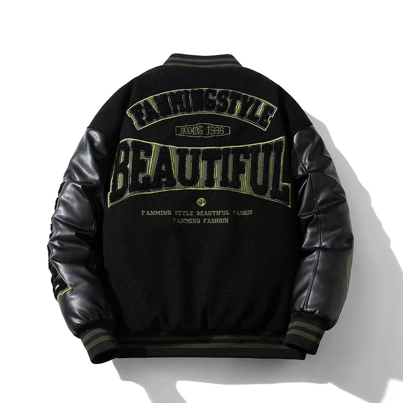 Vintage Letter Embroidered Baseball Jacket Cotton Coat Men's Winter Leather Sleeve Patchwork Woolen Thicken Overcoat