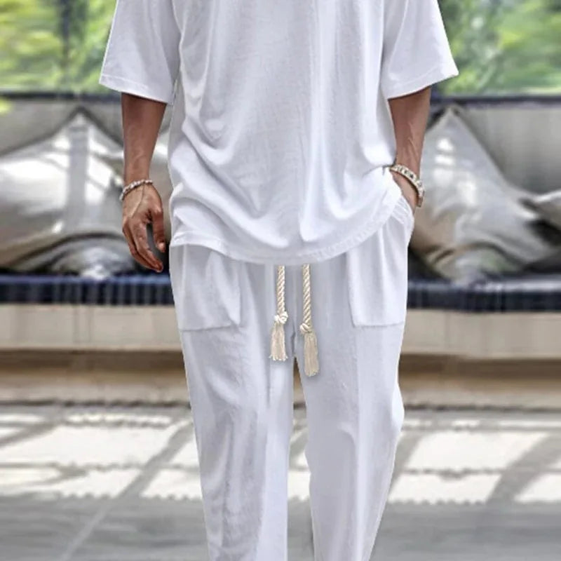 2026 Men Two Piece Sets Fashion Solid Tracksuits Summer Half Sleeve V-neck T-Shirt and Pants Loose Casual Outfit Male Streetwear