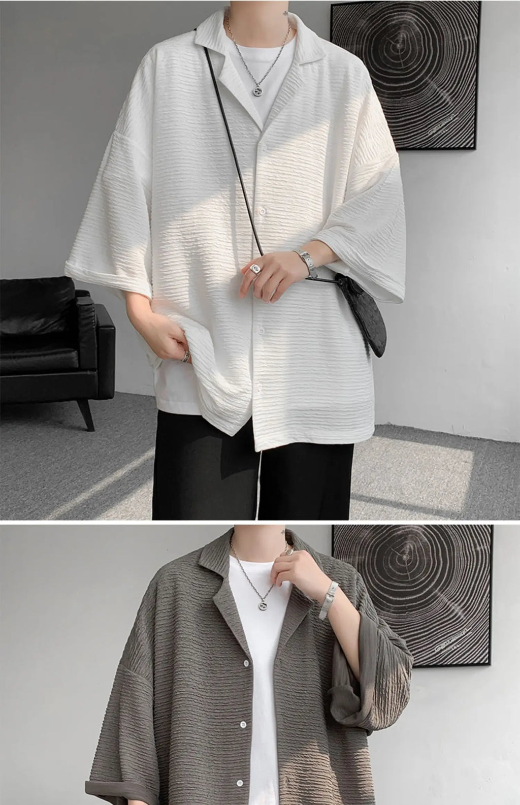 LEGIBLE Spring Summer Solid Shirts Men Casual Oversized Three Quarter Shirts Male Loose Fit Shirt for Man