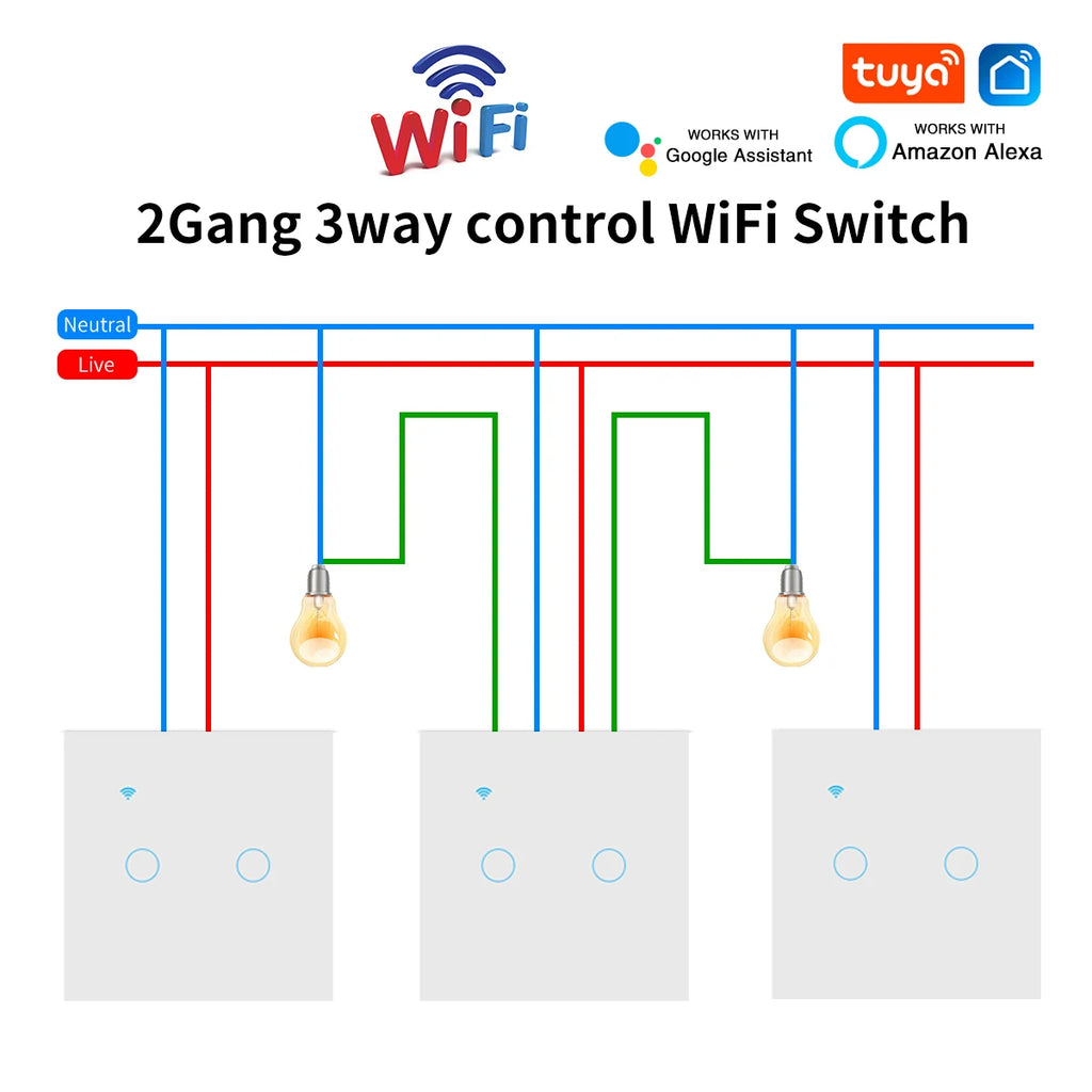 3way Wifi Switch 1/2/3gang Touch Light Switches With Tempered Glass Support Tuya Smart Life APP Voice Control For Stairs Bedroom