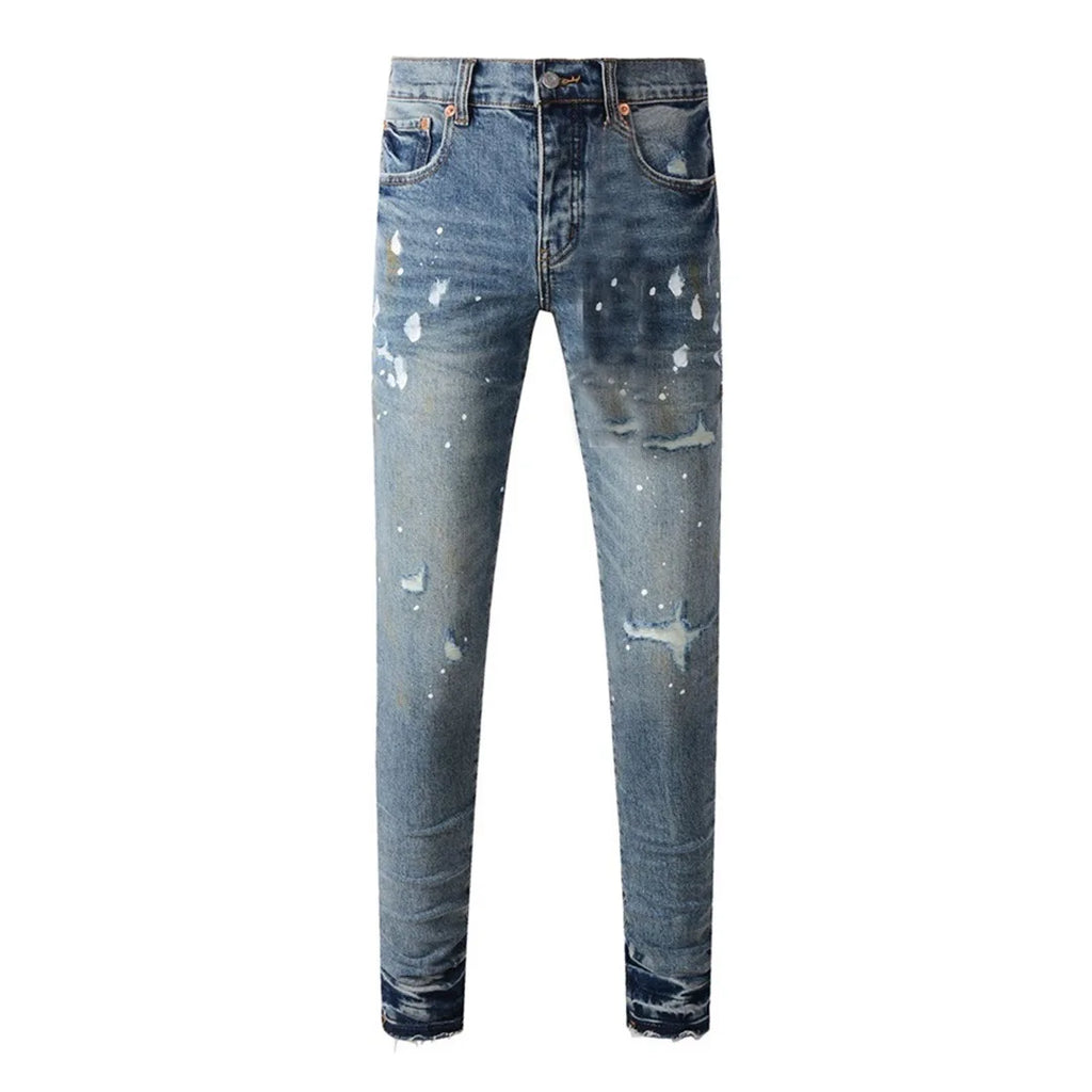 High Street American Distressed Men's Jeans Fashion Brand Coated Blank Stretch Skinny Button Fly Ripped Pants Trousers