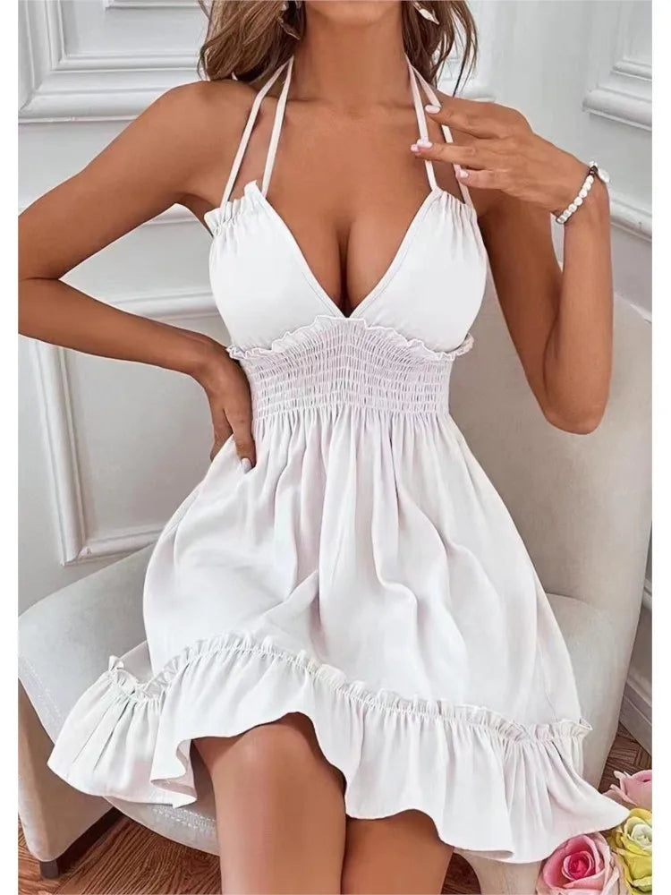 Women Summer Halter Deep V Neck Sundress Sexy Backless Ruffled Smocked Short Dress Waist Open Back Dress Mini Skater Dress 2024